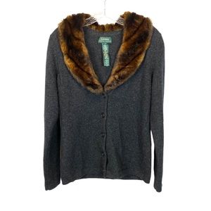 RALPH LAUREN Merino Angora Cashmere Blend Faux Fur Collar Cardigan